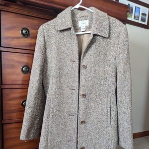 L.L. Bean Woman's Herringbone Wool Coat in Brown and Cream